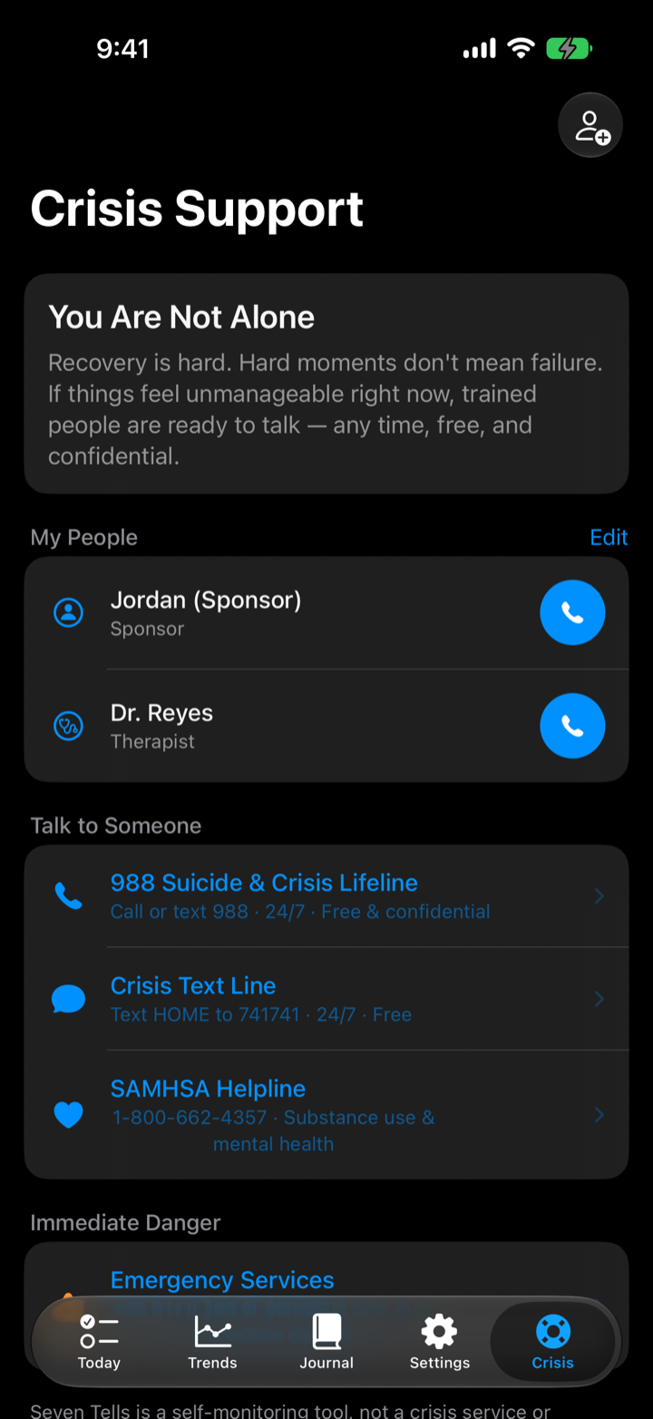 The Crisis screen in dark mode.
