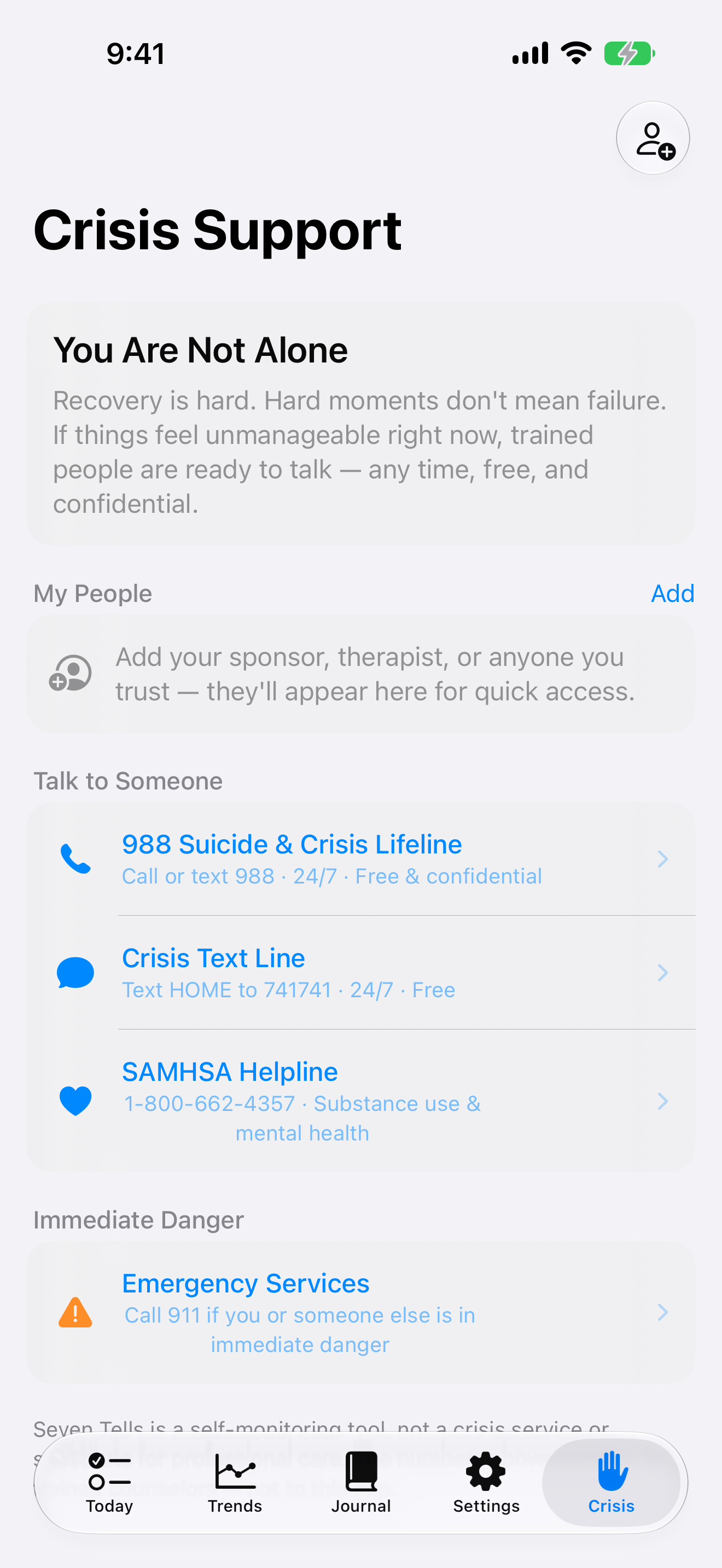 The Crisis screen with quick access to support contacts.