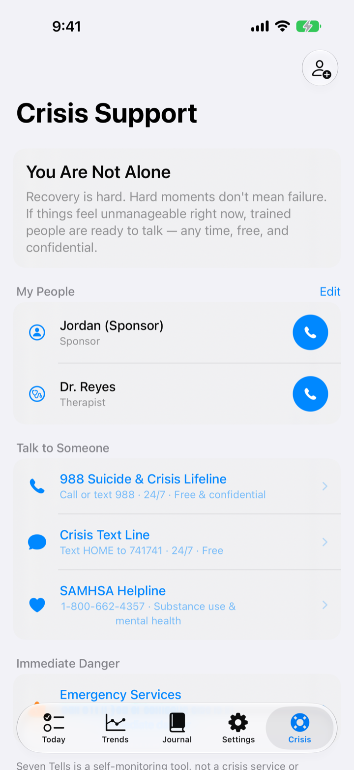 The Crisis screen with support contacts and helpline resources one tap away.