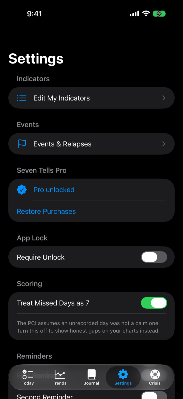 The Settings screen in dark mode.