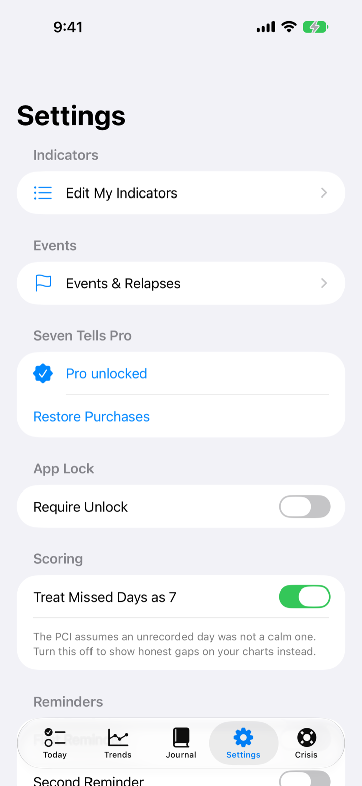 The Settings screen with indicators, app lock, scoring, reminders, and sync options.
