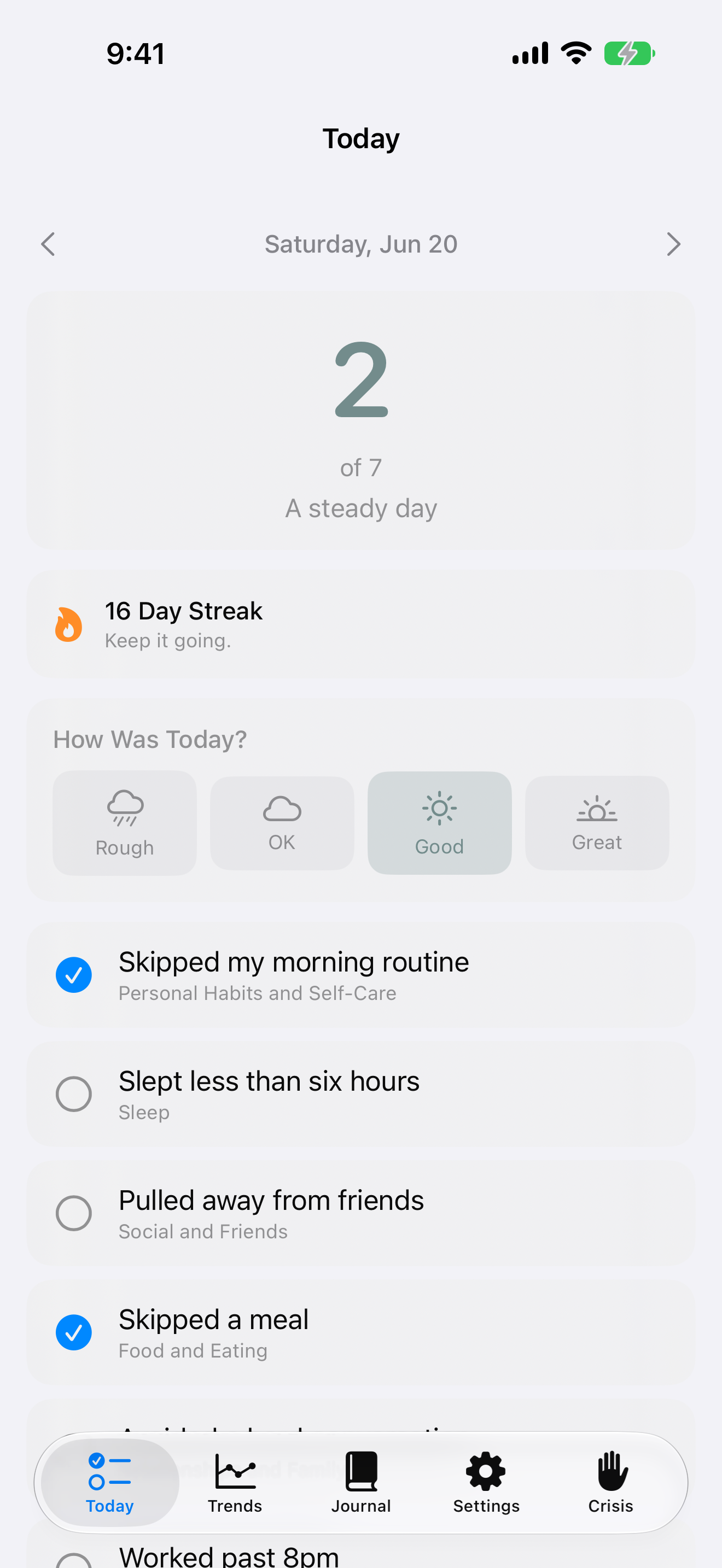The Today screen showing a score of 2 out of 7, a day rating, and the list of indicators.